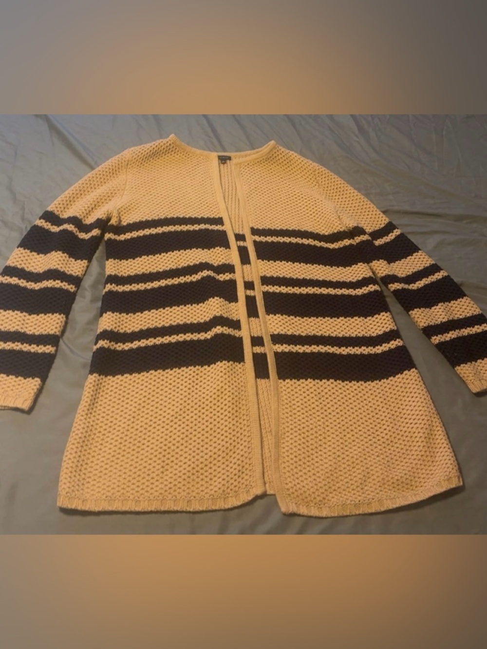 Talbots Long Open Front Cardigan Chunky Knit Sweater Women’s Large Tan/Navy Blue